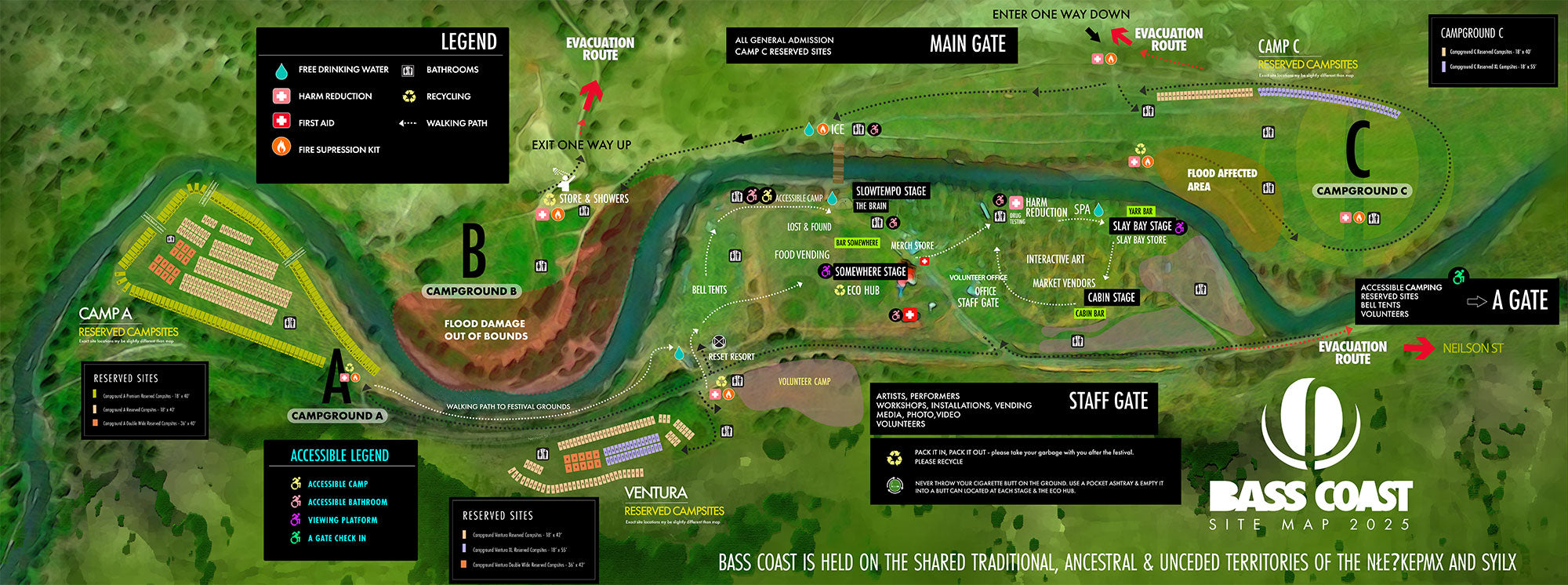 Bass Coast Survival Guide 10 Bass Coast festival map showing stages, camping areas, services, and arrival routes.