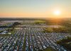 Aerial view of the Bonnaroo festival grounds at sunset.