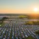 Aerial view of the Bonnaroo festival grounds at sunset.