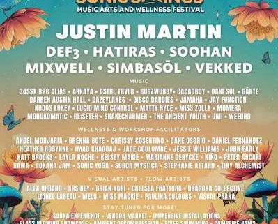 Sonic Springs Sound Guide 7 Sonic Springs 2026 lineup poster listing Justin Martin, DEF3, Hatiras, SOOHAN, Mixwell, Simbasol and Vekked, with August 13 to 17 dates.