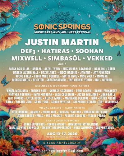Sonic Springs Sound Guide 10 Sonic Springs 2026 lineup poster listing Justin Martin, DEF3, Hatiras, SOOHAN, Mixwell, Simbasol and Vekked, with August 13 to 17 dates.
