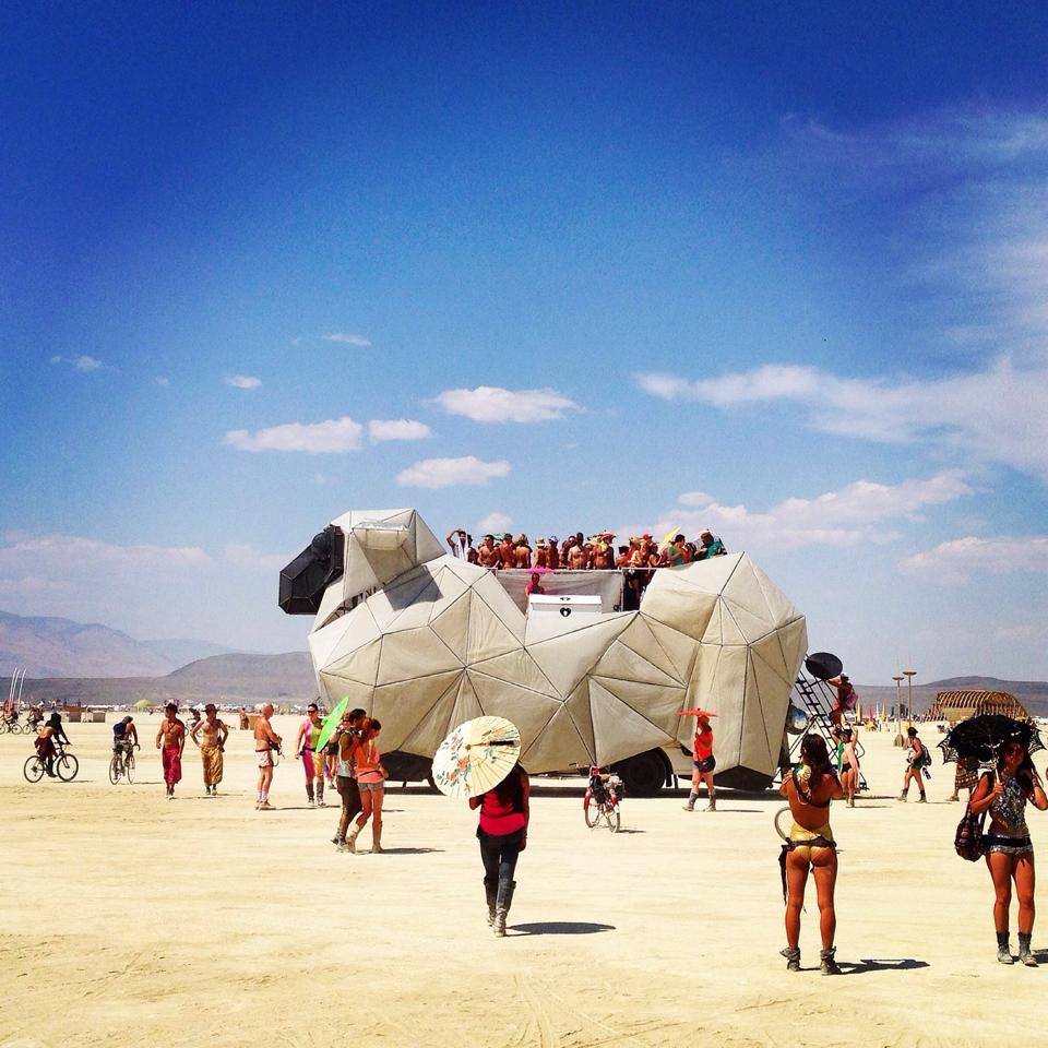 Burning Man 2026 Sound Guide 1 The BAAAHS mutant vehicle, listed for Burning Man 2026, prepared for night-time sound and dance programming.