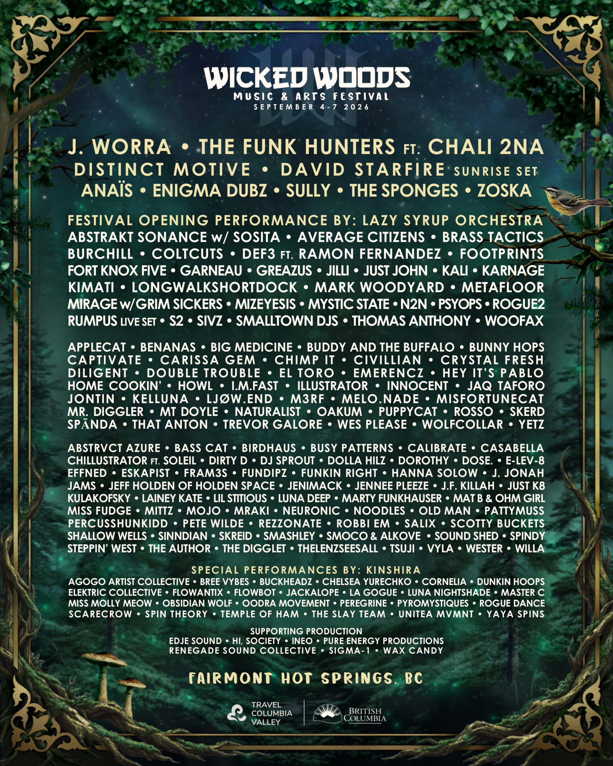 Official Wicked Woods 2026 lineup poster listing artists for September 4 to 7 in Fairmont Hot Springs.