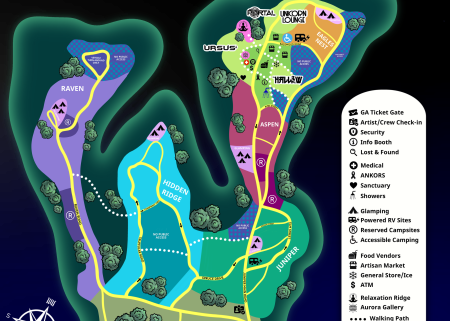 Official Wicked Woods site map showing stages, camping, parking, medical, sanctuary, vendors and walking routes.