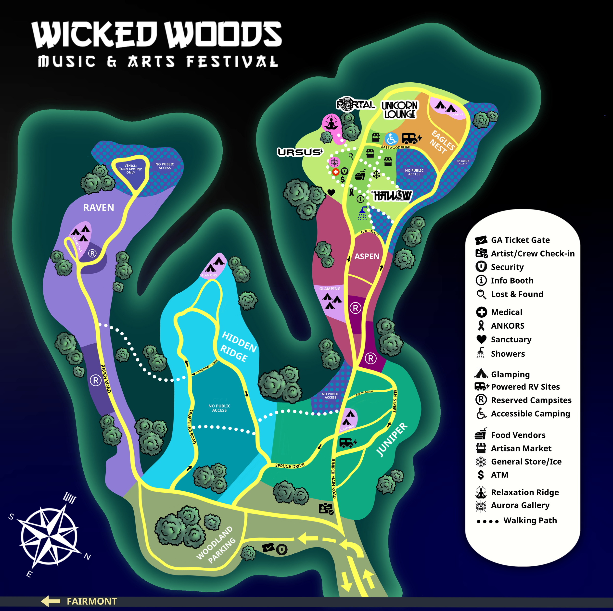 Official Wicked Woods site map showing stages, camping, parking, medical, sanctuary, vendors and walking routes.