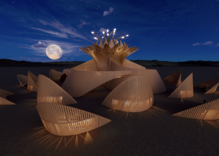 Night rendering of the planned 2026 Temple of the Moon at Burning Man.