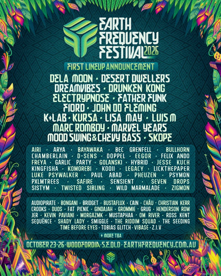 Earth Frequency Festival 2026 first lineup announcement poster with artist names