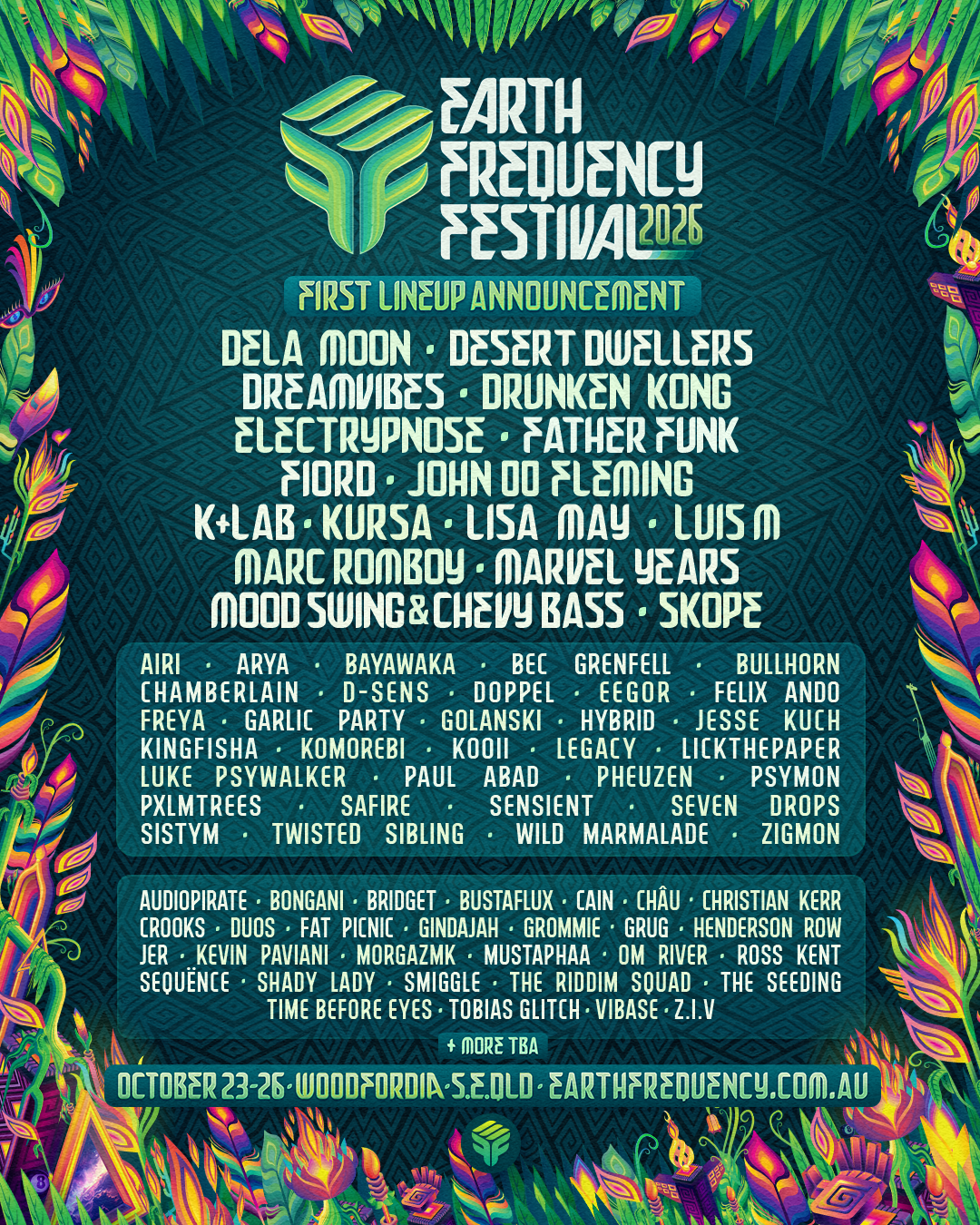 Earth Frequency Festival 2026 first lineup announcement poster with artist names