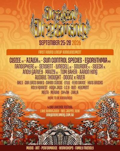 Dragon Dreaming 2026 first lineup announcement poster with artist names