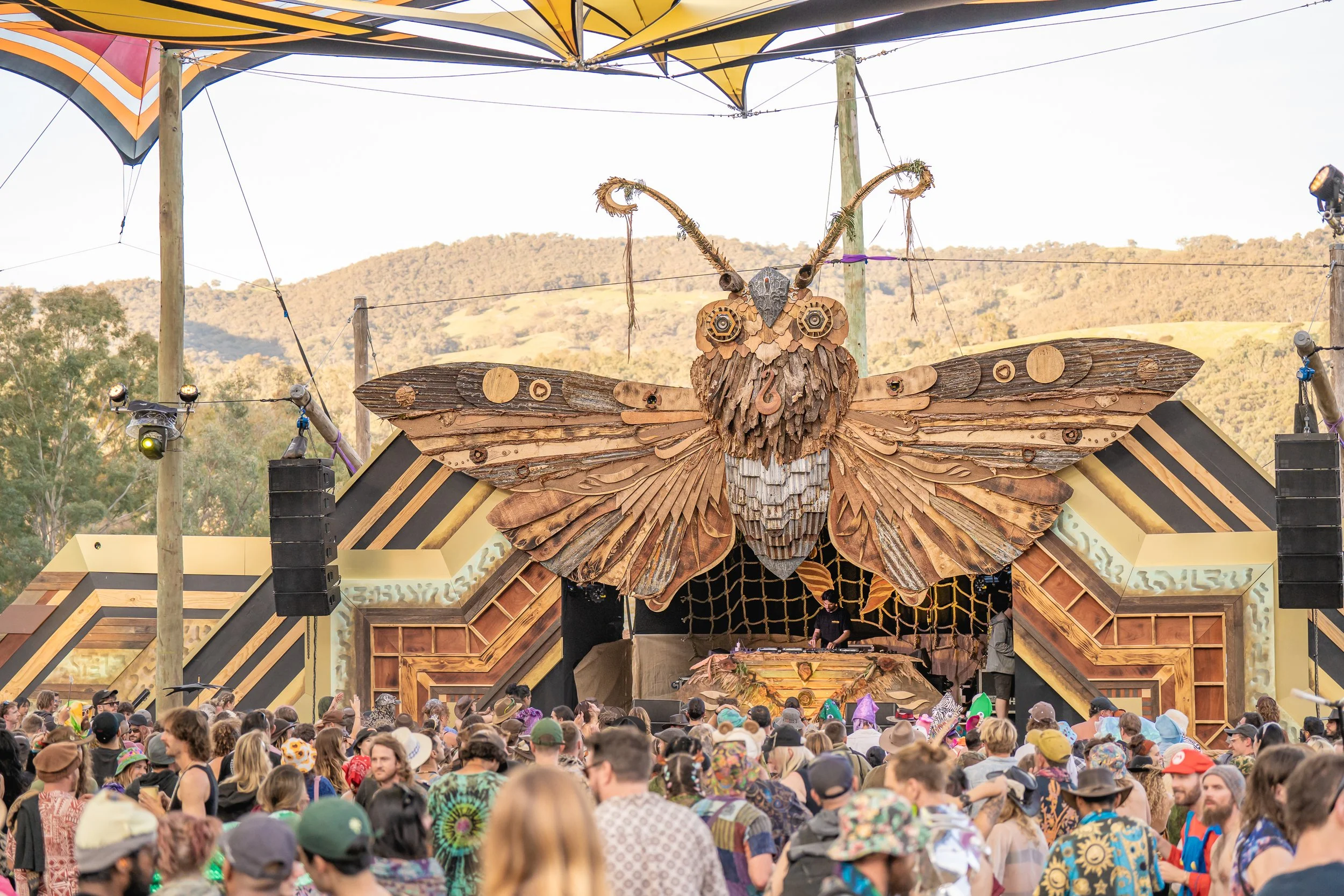 Daytime crowd gathers before a large wooden owl stage sculpture