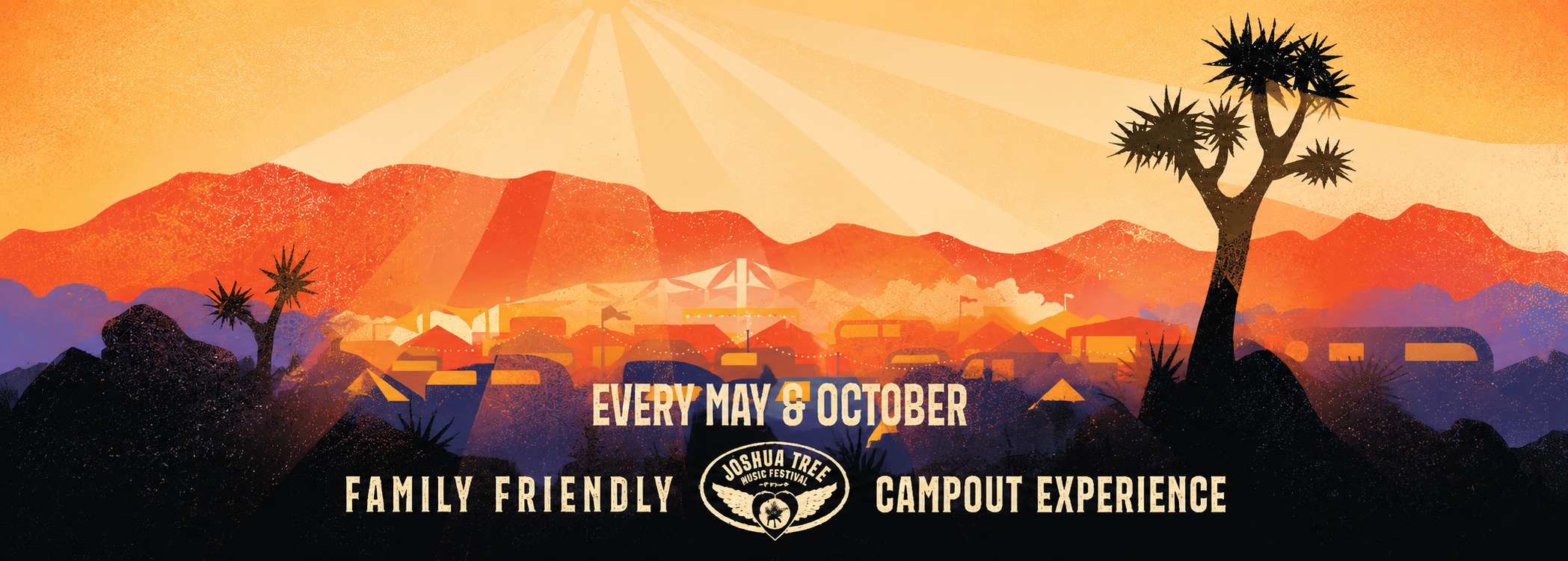Illustrated desert festival banner stating every May and October