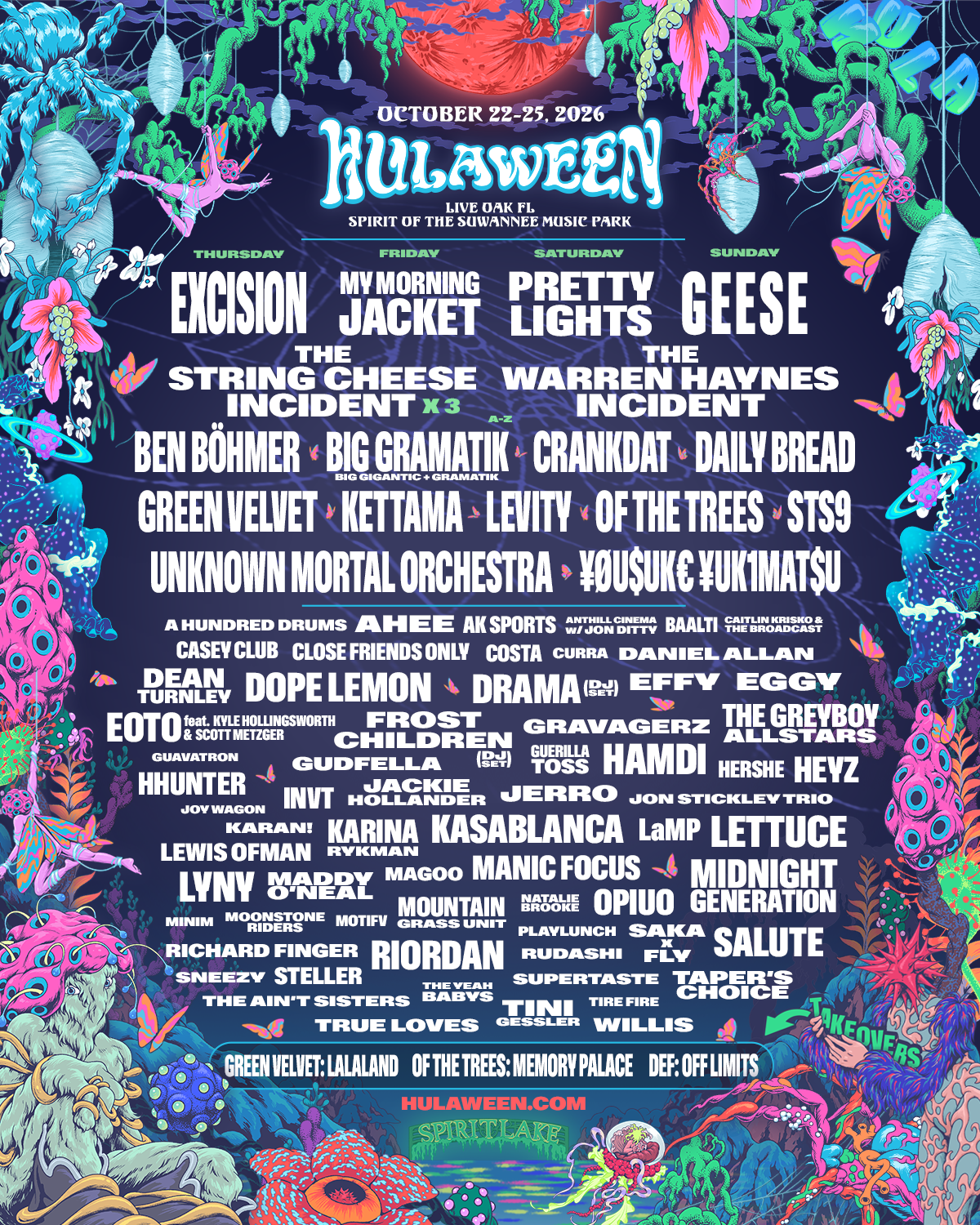 Suwannee Hulaween '26 Sound Guide 1 Illustrated Hulaween 2026 lineup poster with artist names