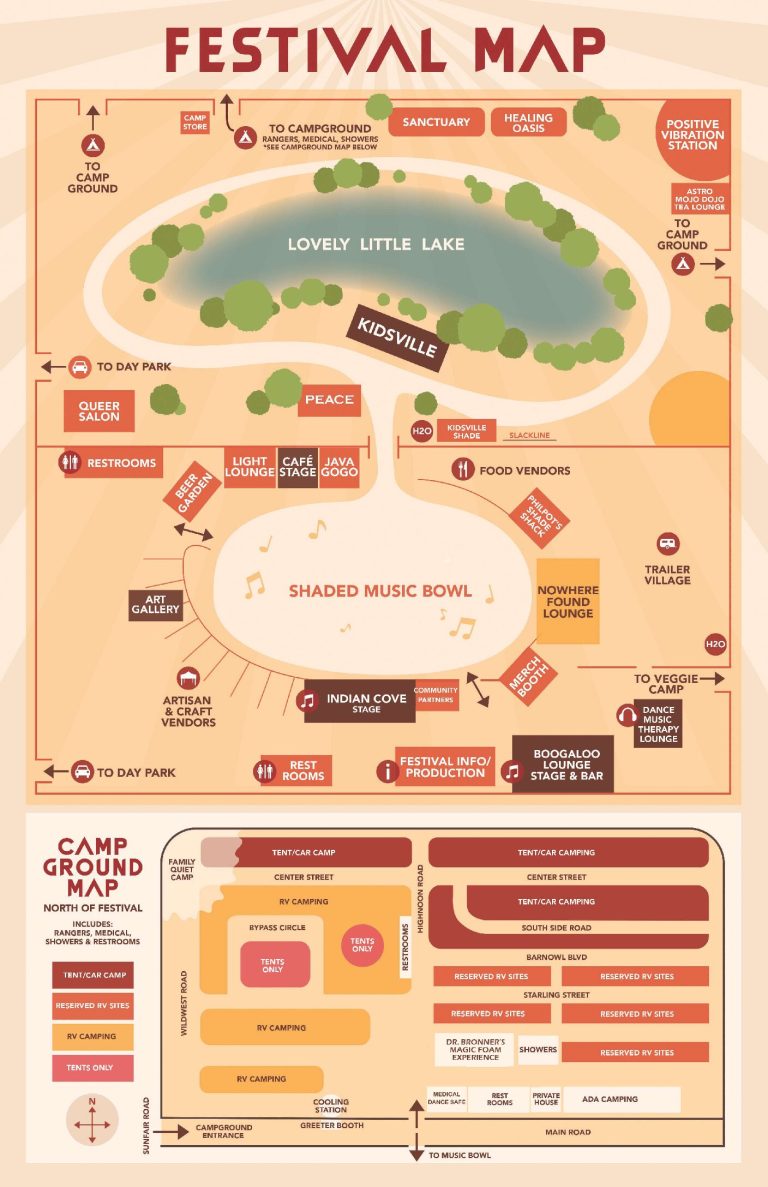 Illustrated map of a festival area and campground